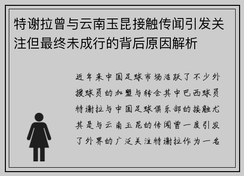 特谢拉曾与云南玉昆接触传闻引发关注但最终未成行的背后原因解析