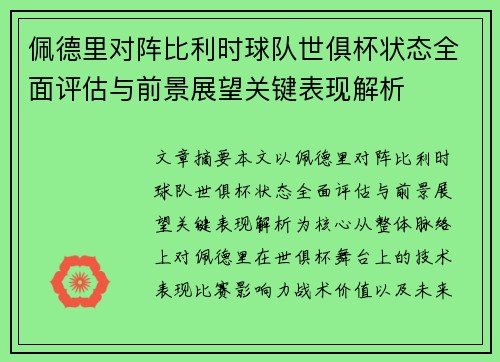 佩德里对阵比利时球队世俱杯状态全面评估与前景展望关键表现解析